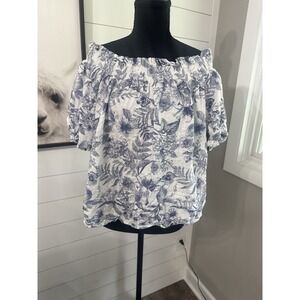 CeCe Women's Off Shoulder Blouse Blue White Floral Puff Sleeve Linen Blend L